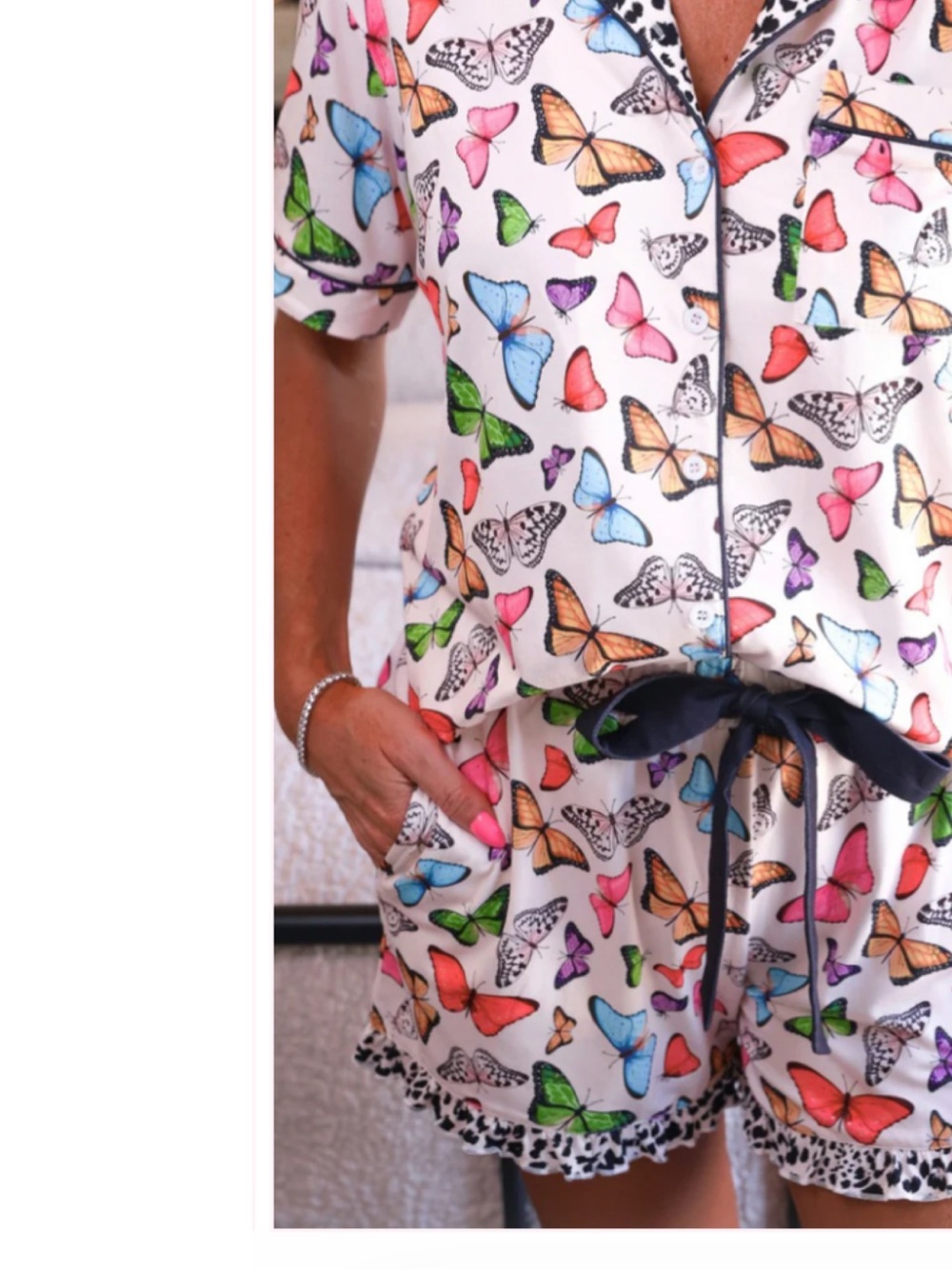 Butterfly Print Short Pajama Set - White Multicolor